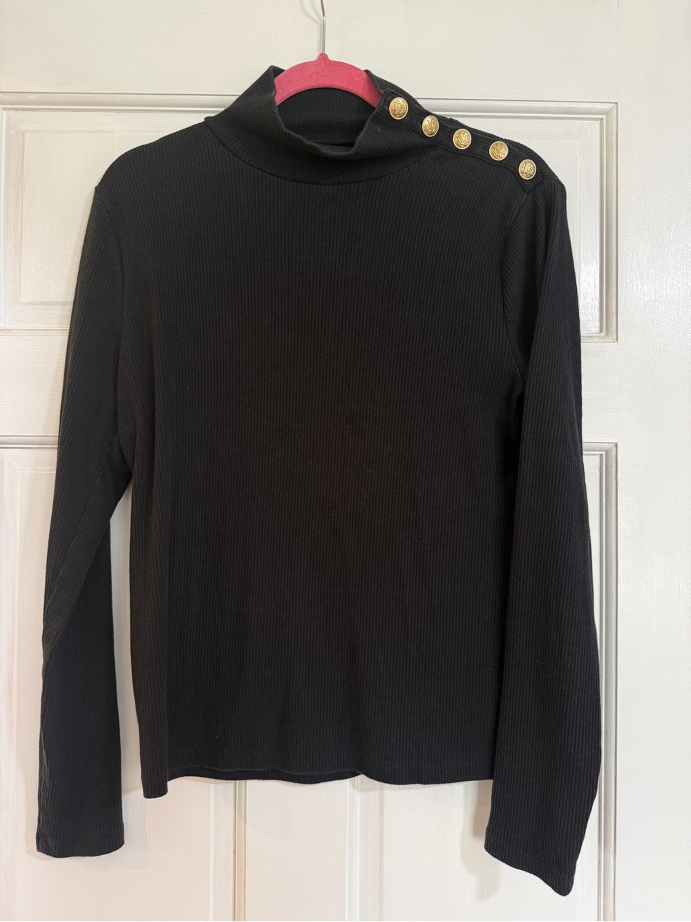 J.Crew Black Ribbed Crewneck Top With Gold Buttons